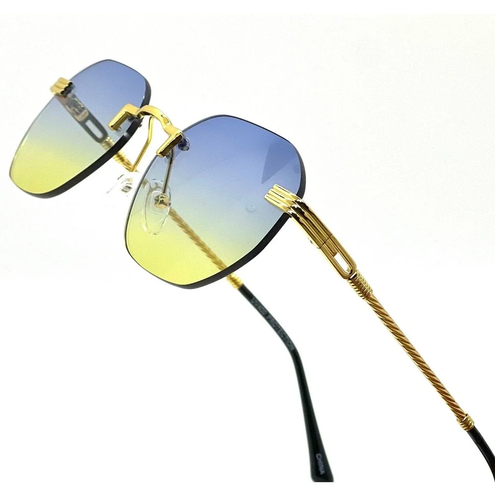 Rimless Sunglasses Blue Yellow‎ Gradient Lens Gold Frame Fashion Shades Lentes